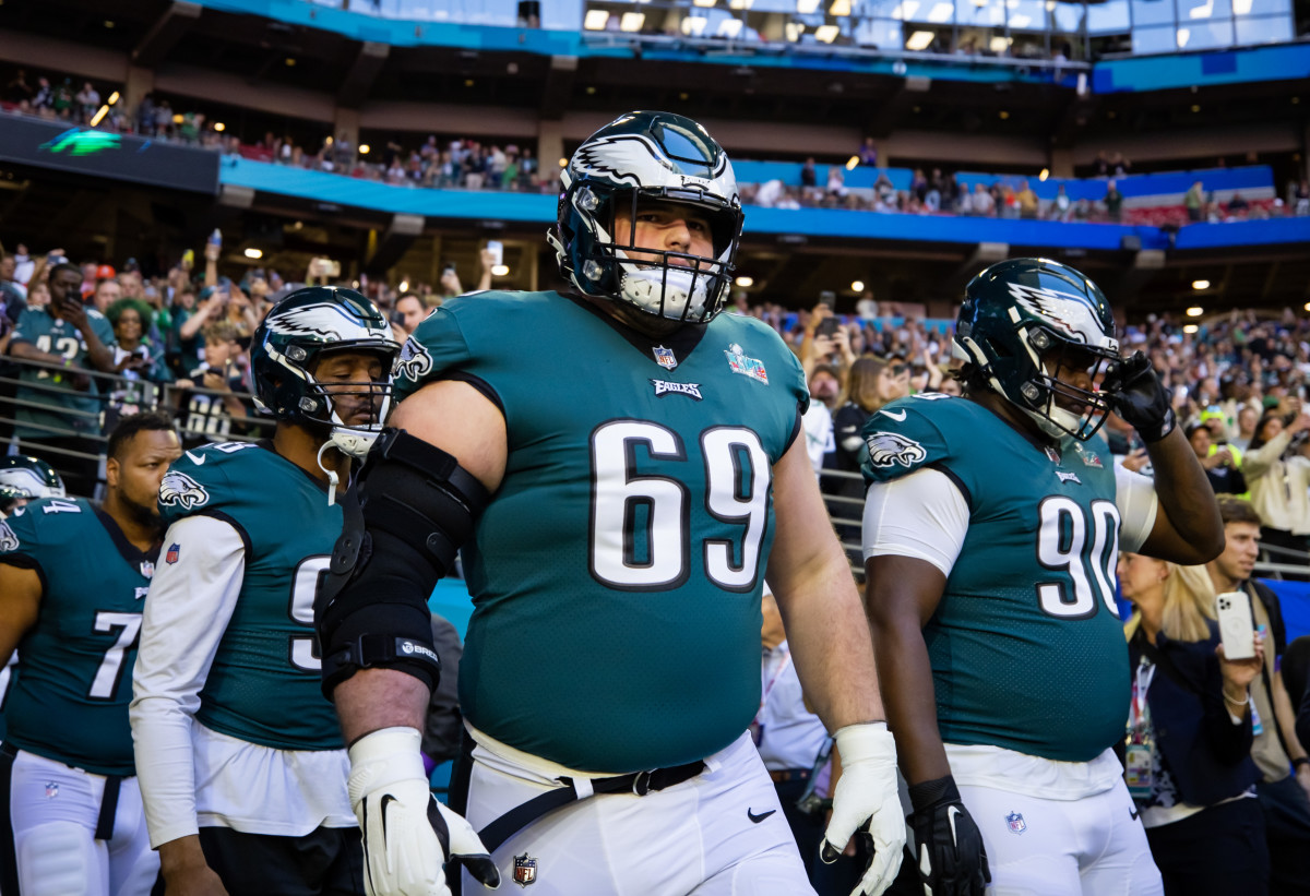 Landon Dickerson walks onto the field at Super Bowl LVII